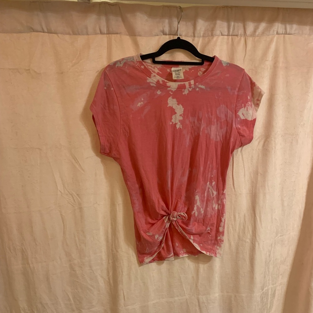 pink tie die shirt with not in front